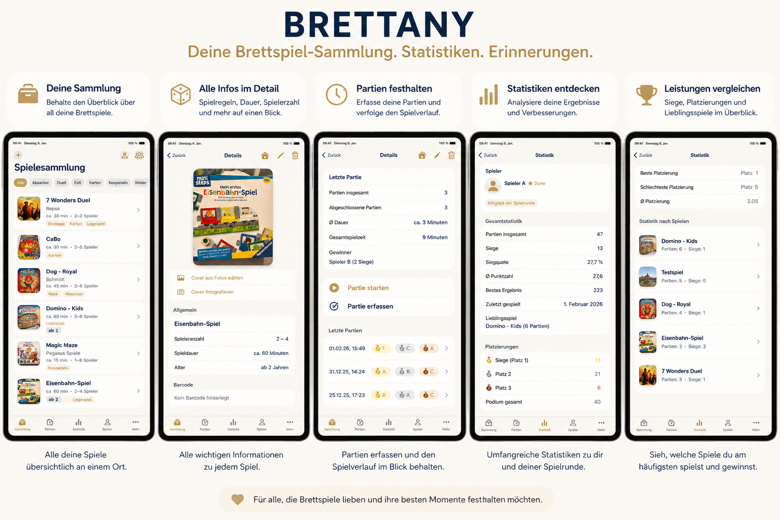 Brettany im Überblick: Spielesammlung, Spiel-Details, Partien festhalten, Statistiken und Leistungsvergleich