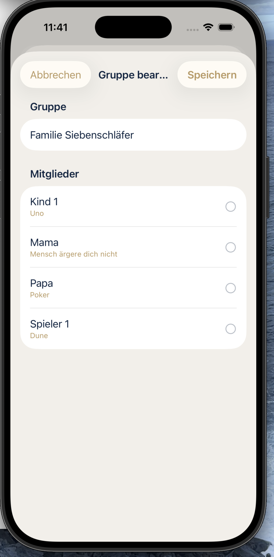 Bearbeiten der Spielergruppe „Familie Siebenschläfer“ mit Mitgliedern und Lieblingsspielen